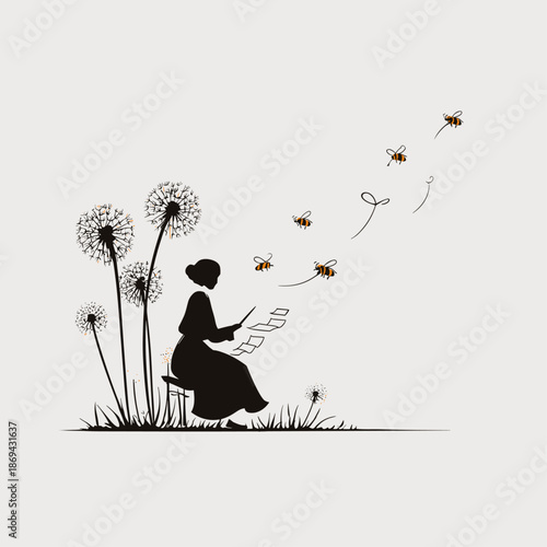 Whimsical illustration of nature and reading with bees and flowers