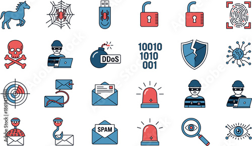 Set of cyber security and hacking icons, flat vector illustration of data protection phishing malware and network safety elements