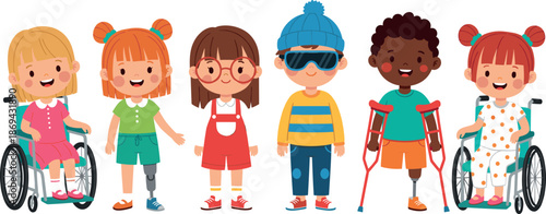 Set of diverse children with disabilities, happy disabled kids in wheelchairs and with prosthetic legs vector illustration