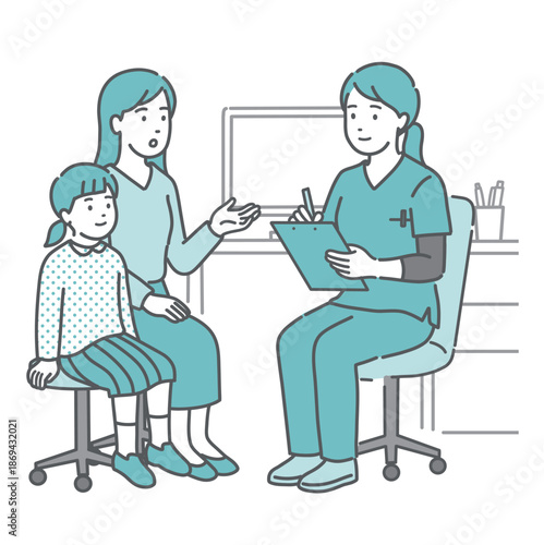 問診をする女性医師と親子（女の子・スクラブ・医療従事者）