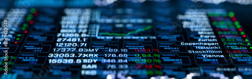Tableau sur toile Stock market, data mirroring on screen, diagrams, charts, global index information