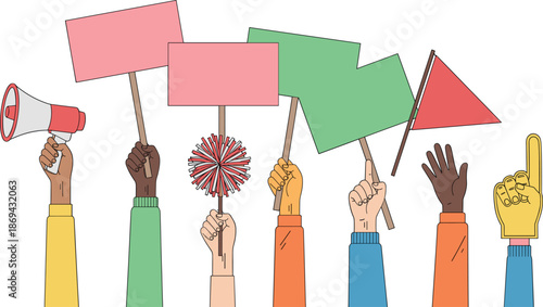 Set of hands holding blank protest signs, megaphone and flags, flat vector illustration of activism and demonstration