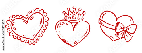 Romantic heart symbols love set. Hand drawn Valentine icons collection. Vector isolated outline illustration on white background