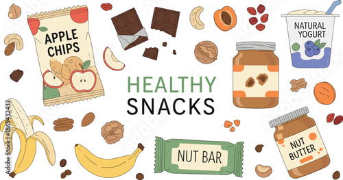 Set of healthy snacks and nutritious food elements, flat vector illustration of apple chips yogurt nut butter and organic snacks
