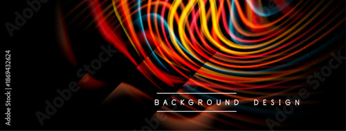 Abstract vibrant lines create dynamic background. Bold colors contrast dark space, forming modern design elements.