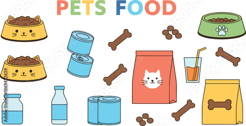 Set of pet food and accessories, flat vector illustration of cat and dog nutrition including dry food bowls milk and bones