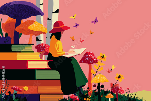 Whimsical Witch Surrounded by Books and Nature