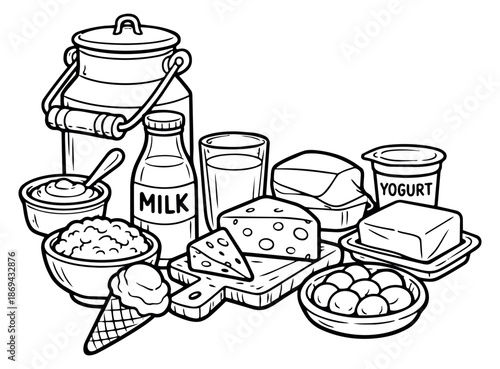 Hand drawn line art dairy products set featuring milk, cheese, and yogurt for food and nutrition
