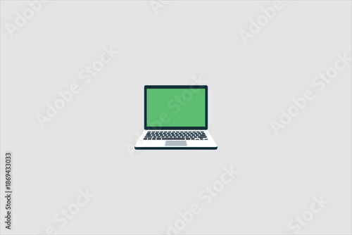 Laptop illustration with green screen display isolated on neutral background. Flat vector design showing notebook computer mockup for chroma key, presentation, app, and digital technology concepts.