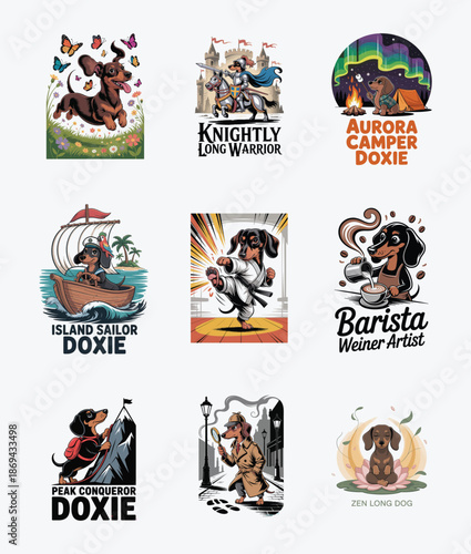 Dachshund dog in various cartoon professions and hobbies on white background Keywords: dachshund