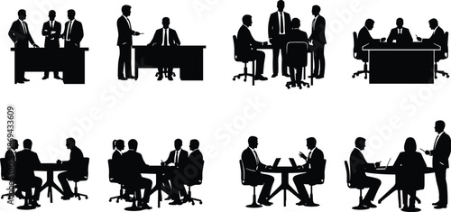 Business meeting silhouette collection, corporate professionals discussing and negotiating at office tables isolated on white background vector illustration set