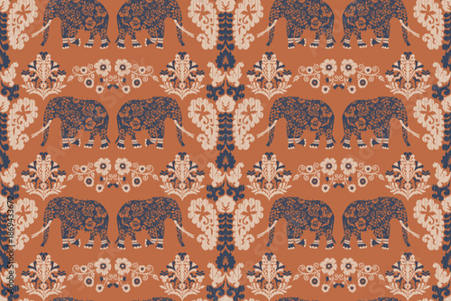 Seamless Elephant Floral Damask Pattern