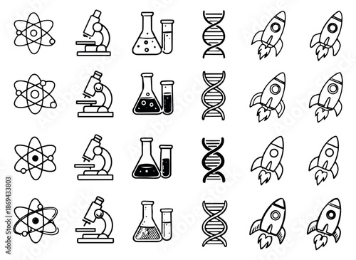 Hand drawn line art scientific symbols set featuring atoms, microscopes, laboratory flasks, DNA, and rockets for education and discovery