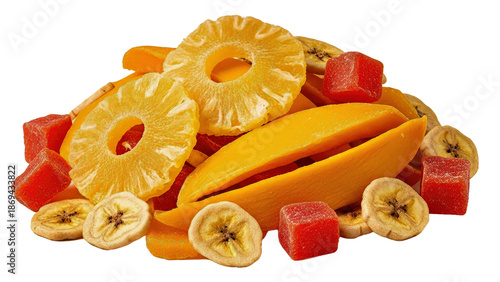 Assorted Dried Pineapple Slices Banana Chips Red Jelly Cubes Still Life.png