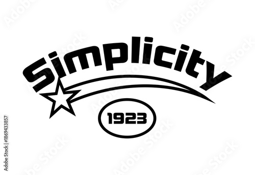 Black and white retro athletic design featuring the slogan "Simplicity" and the year "1923". Varsity style typography with a shooting star and oval badge. Ideal for t-shirt prints, university merchand