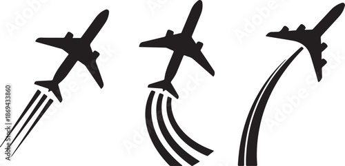 Flying airplane icon set with trail path. Aeroplane symbol vector illustration eps