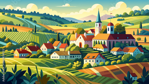Very beautiful illustrated countryside scene of Hungarian vineyard villages in summer, Hungary, blending rolling landscapes, wineries, and rural charm into a warm and inviting European composition.