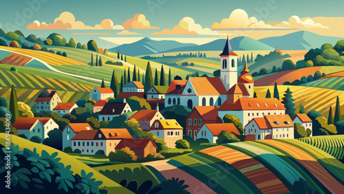 Very beautiful illustrated countryside scene of Hungarian vineyard villages in summer, Hungary, blending rolling landscapes, wineries, and rural charm into a warm and inviting European composition.