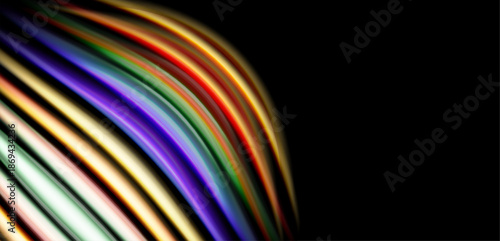 Abstract colorful lines curve, forming partial circle against black background. Bright hues blend, creating dynamic visual effect.