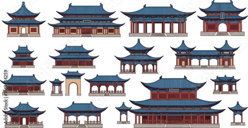 Set of traditional Chinese architecture and ancient buildings, flat vector illustration of pagoda pavilions and oriental temples