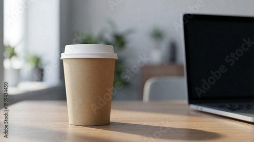 Coffee Cup Mockup on a Wooden Desk in a Bright Office Setting, Perfect for Professional Branding Design