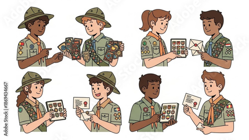 Diverse group of scouts exchanging stamps and postcards in green uniforms with badges
