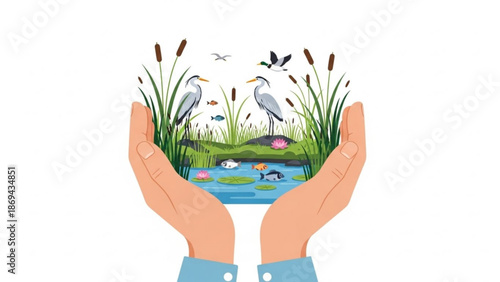 A pair of hands cradling a vibrant ecosystem with herons fish and lush vegetation