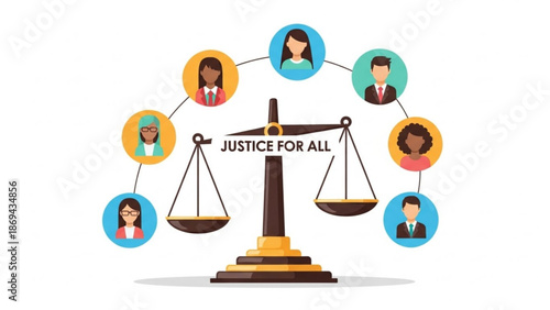 Diverse people icons surrounding justice scale with justice for all concept