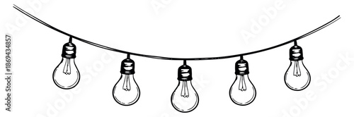 Hand drawn line art light bulb garland set featuring hanging decorative bulbs for party and event decoration