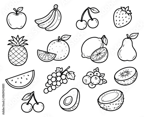 Hand drawn line art fruit set featuring a variety of fresh fruits for healthy eating and natural food designs