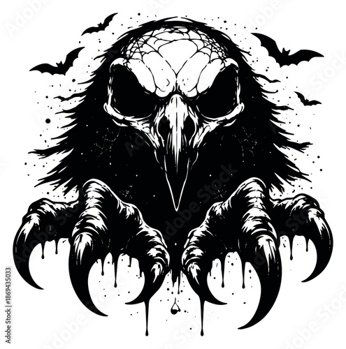 Gothic horror illustration of a raven skull creature depicting a menacing pose with dripping claws for Halloween and dark themes