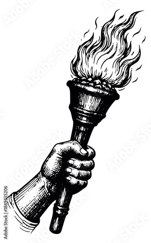 Hand drawn line art illustration of a hand holding a torch depicting its flame burning brightly for historical or symbolic design
