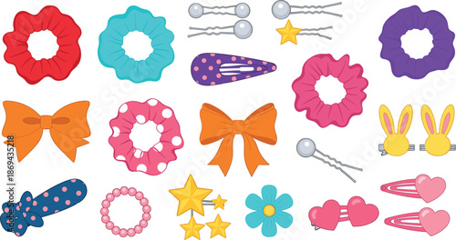 Set of various hair accessories for girls, flat vector illustration of colorful scrunchies hair pins bows and clips on white background
