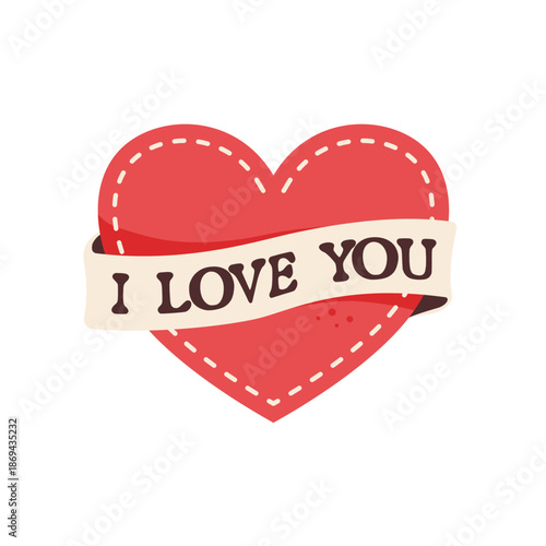 Red heart with stitched border and ribbon saying i love you, vector illustration