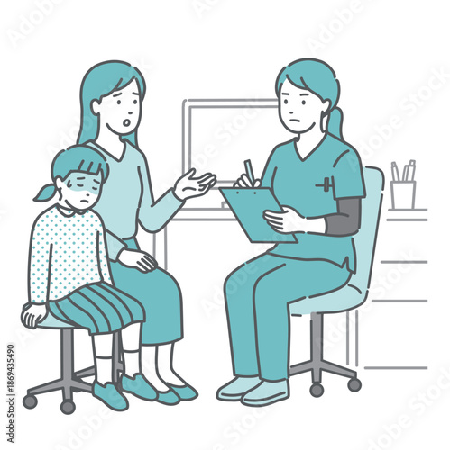 体調不良を訴える女の子と母親と女性医師・看護師（スクラブ・救急）