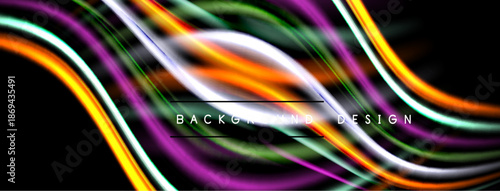 Abstract neon lines create dynamic flow. Vibrant colors blend against dark backdrop. Modern design element for digital projects.