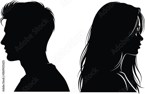 Male and female profile silhouette illustration facing opposite directions relationship conflict concept isolated on white background vector design