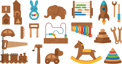 Set of various wooden toys and Montessori education tools for kids, flat vector illustration of eco friendly timber playthings