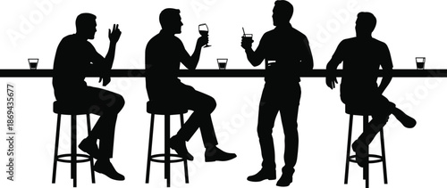 Men drinking at bar silhouette, friends socializing with alcohol glasses isolated on white background vector illustration nightlife concept social scene