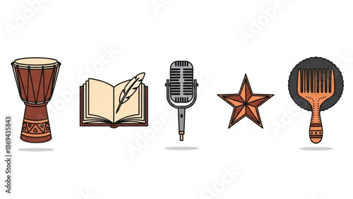 African american cultural symbols including a djembe drum an open book with feather quill a vintage