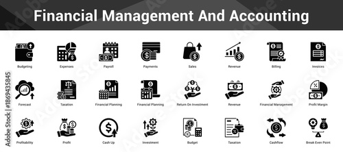 Financial Management And Accounting Cohesive set of minimalist vector icons representing key ideas with visual clarity