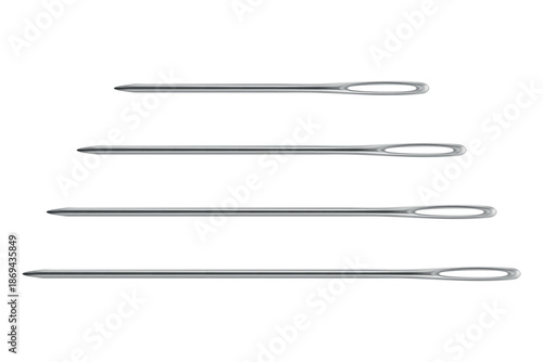 Vector 3d Realistic Stainless Steel Sewing Needles Set in Four Sizes. Large Eye Hand Stitching and Darning Needles Isolated. Tailoring Embroidery Needle Kit for Craft and Repair