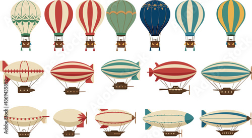 Set of vintage hot air balloons and steampunk airships, retro aviation transport vector illustration