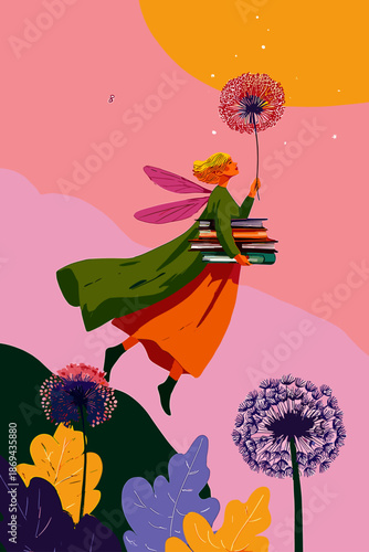 Energetic Woman Running with Gifts in a Vibrant Spring Setting