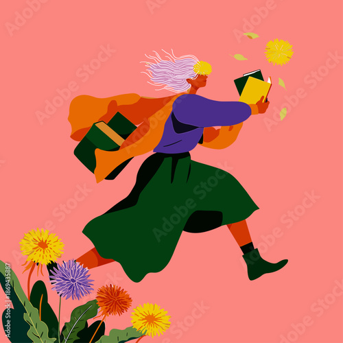 Energetic Woman Running with Gifts in a Vibrant Spring Setting