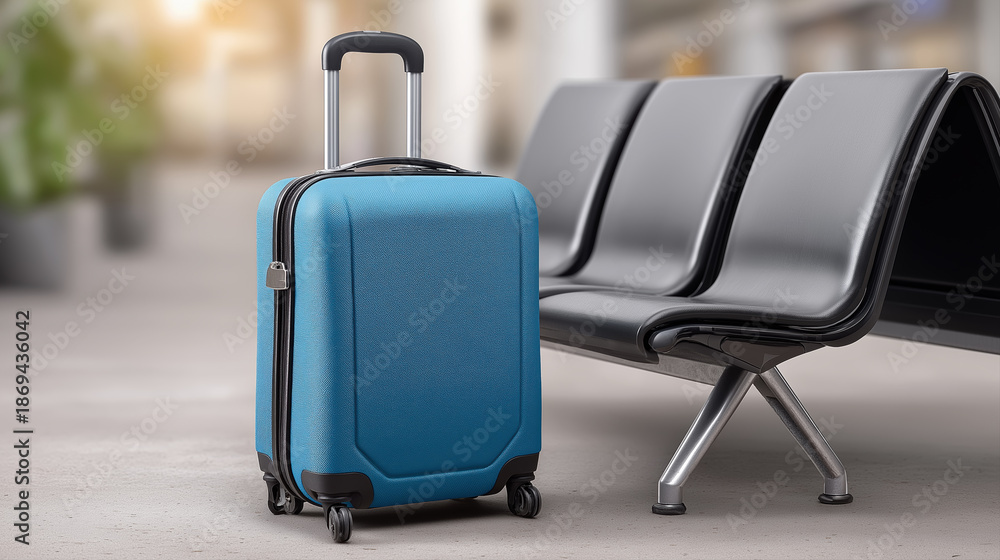 Fototapeta premium Blue suitcase next to airport seats travel luggage and modern tourism or business trip concept