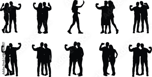 People taking selfie silhouette set couples and friends posing together social media photography concept isolated on white background vector