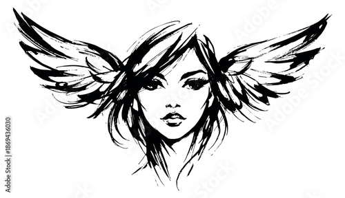 Grunge line art illustration of a woman's face with wings depicting an artistic expression for fashion and beauty