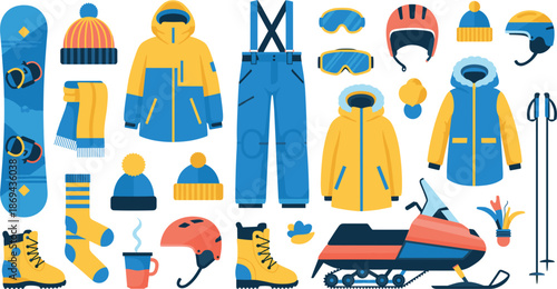 Set of winter sports equipment and ski gear, flat vector illustration of snowboarding elements including jackets helmets boots and snowmobile