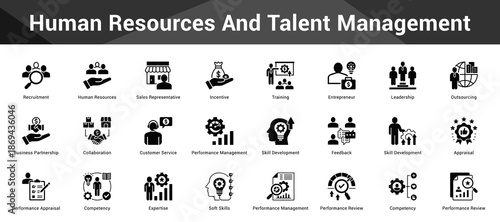Human Resources And Talent Management Cohesive set of minimalist vector icons representing key ideas with visual clarity